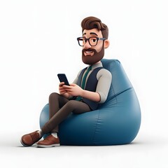 3D illustration of a bearded man wearing glasses and casual clothing, sitting on a blue bean bag and using a smartphone, with a solid orange background. Ideal for themes of relaxation, technology, and
