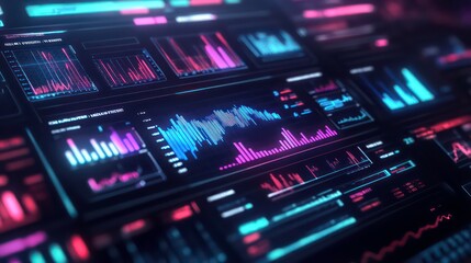 A digital screen displaying graphs and charts in vibrant pink and blue hues.