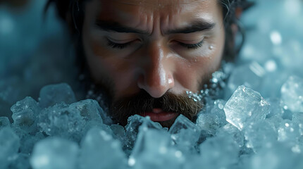 Ice bath recovery - athletic man submerged in ice water, taking a cold plunge to help muscle recovery