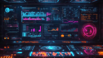 Futuristic control panel with glowing digital interface displaying data.