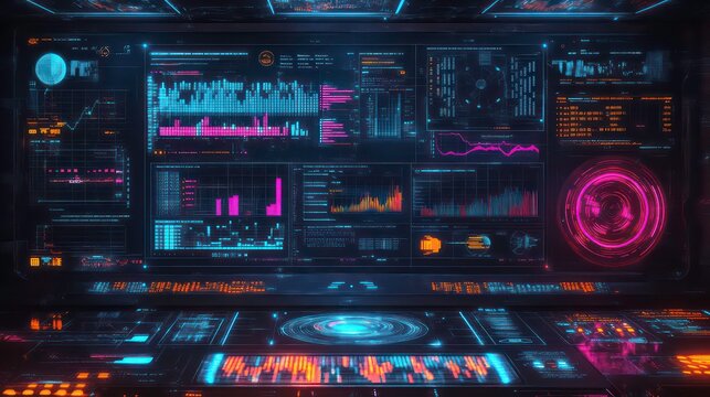 Futuristic control panel with glowing digital interface displaying data.