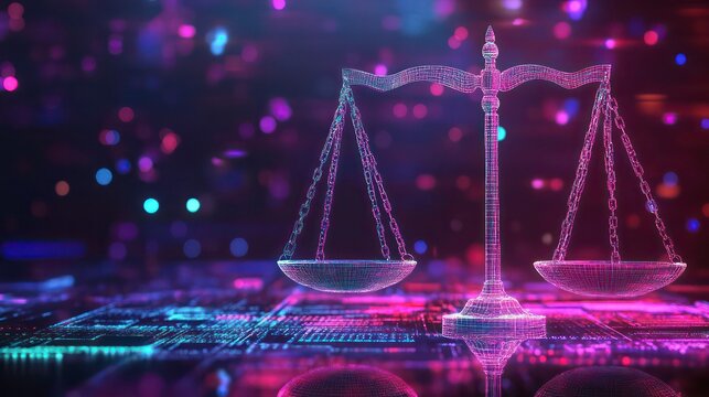 A glowing digital scale of justice with a bokeh background of lights.