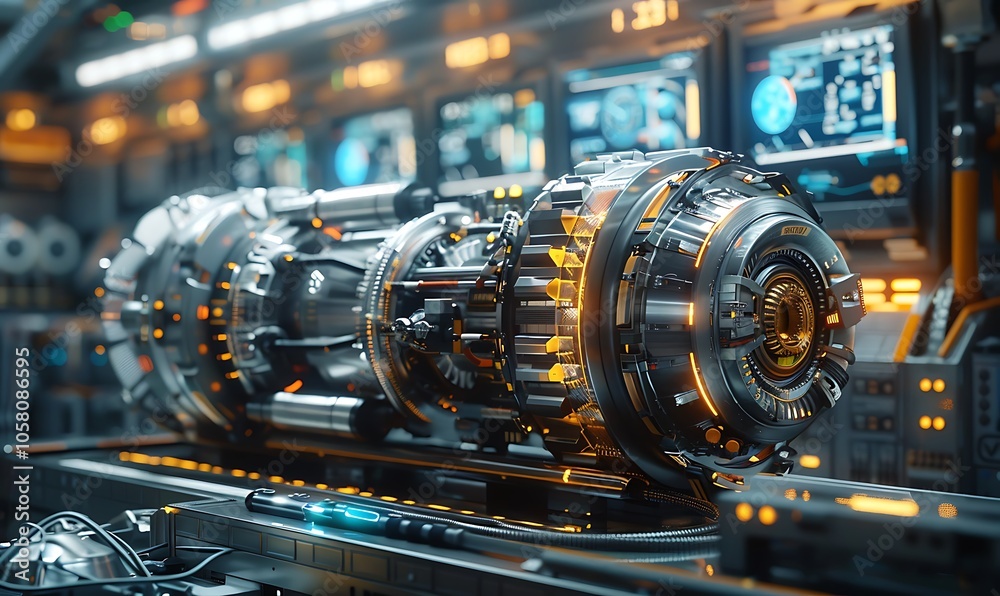 Poster a futuristic, detailed engine inside a high-tech control room, showcasing intricate designs and glow