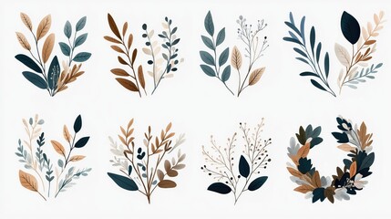 Set of eight abstract botanical illustrations featuring various stylized leaf arrangements in warm earthy tones including brown, teal, and beige on a white background.