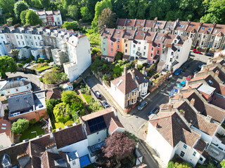 Fototapeta premium Aerial View of Buildings at Hotwells Central Bristol City of Southwest of England, Great Britain. High Angle Footage Was Captured with Drone's Camera from Medium High Altitude on May 27th, 2024.