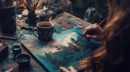 Creative relaxation with tea and landscape painting for artistic inspiration