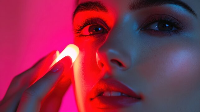 Skincare ritual: woman using portable red light therapy wand for facial rejuvenation