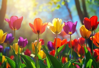 Sunlit meadow of vibrant tulips with blurred background, showcasing joyful spring colors and natural beauty
