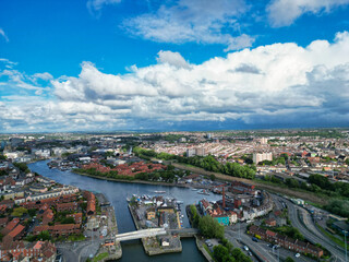 Aerial View of Buildings at Hotwells Central Bristol City of Southwest of England, Great Britain. High Angle Footage Was Captured with Drone's Camera from Medium High Altitude on May 27th, 2024.