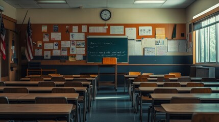 Organized classroom setting with neatly arranged desks and chairs for educational environment design