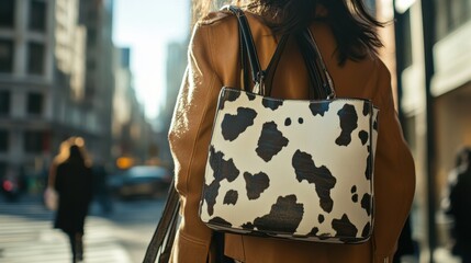 Fashionable cow print handbag in urban setting