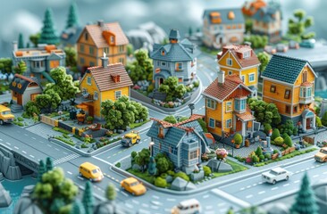 Naklejka premium Miniature Cityscape with Colorful Houses and Lush Greenery