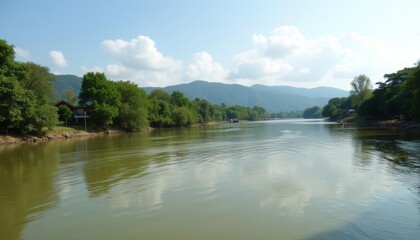 Obraz premium Tranquil river scene with lush greenery and distant mountains