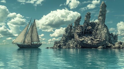 Sailboat Navigating Past a Shipwreck Embedded in a Rocky Outcrop, Blue Sky, and White Clouds