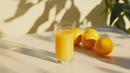 Fototapeta premium Minimalist Side View of a Glass of Freshly Squeezed Orange Juice with Whole Oranges