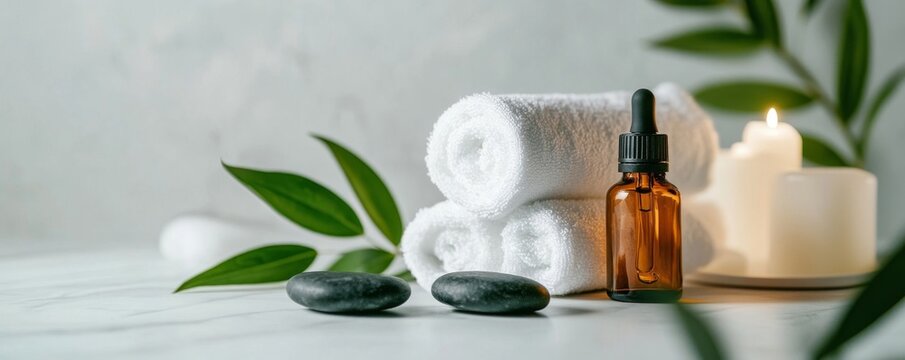 Elegant spa arrangement with white towels, green leaves, black hot stones, and amber essential oil bottle, set against a light gray wall, showcasing relaxation, wellness, and tranquility in a detailed