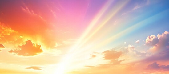 Obraz premium Breathtaking sunset sky with radiant, colorful clouds symbolizing hope and positivity, casting warm hues and a serene atmosphere across the horizon with vibrant light beams and cinematic color grading