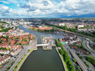 Fototapeta premium Aerial View of Buildings at Hotwells Central Bristol City of Southwest of England, Great Britain. High Angle Footage Was Captured with Drone's Camera from Medium High Altitude on May 27th, 2024.