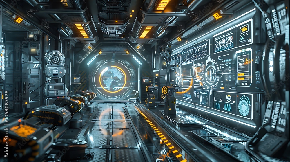 Aufkleber A futuristic, high-tech spaceship corridor illuminated by neon lights and displaying complex control panels and a circular portal.