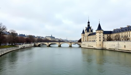Fototapeta premium Elegant European architecture meets serene river view