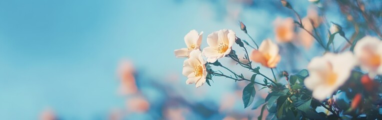 Wild roses against a blue sky with banner space, soft focus and airy spring vibe.