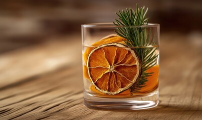 A plain glass filled with dried orange slices and a sprig of pine, placed on a wooden surface