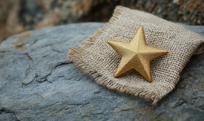 A single gold star-shaped ornament resting on a piece of burlap, on a smooth gray stone surface