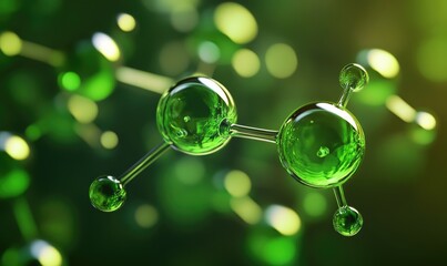 Abstract depiction of green hydrogen atoms, floating in a deep green light, metallic textures, dark neutral backdrop