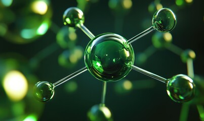 Abstract depiction of green hydrogen atoms, floating in a deep green light, metallic textures, dark neutral backdrop