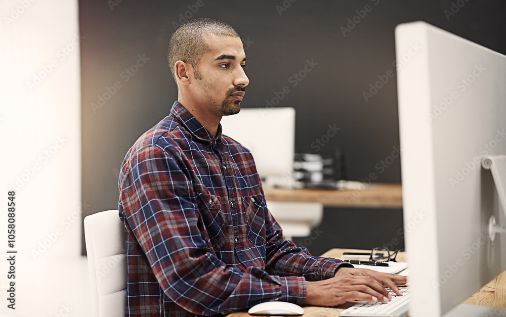 Poster Business, computer and man in office, thinking and connection with typing, startup and internet. Person, employee or consultant for web design, pc or technology with problem solving or online reading