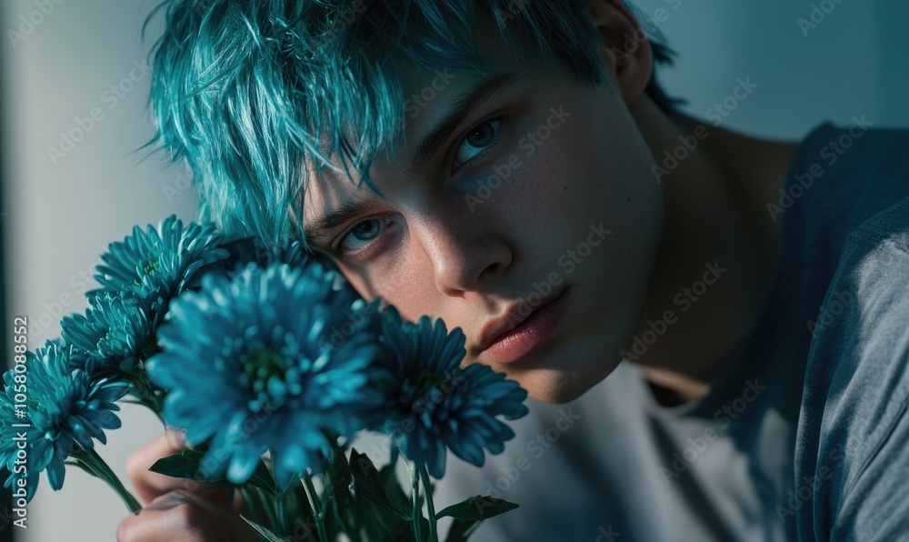 Sticker Closeup portrait of a man with teal-colored hair, holding teal chrysanthemums