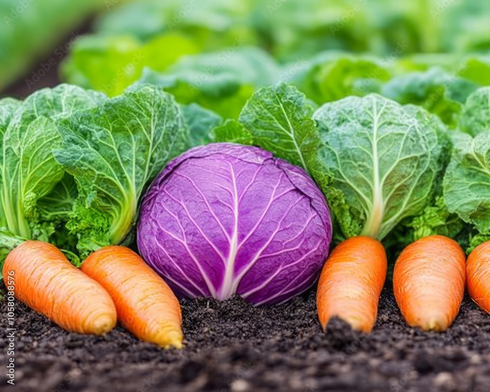 Wall mural fresh purple cabbage, carrots, and lettuce growing in a garden.