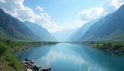 Fototapeta premium Tranquil mountain lake under a clear sky
