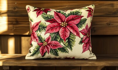 Beige pillow with bright red and pink poinsettia print
