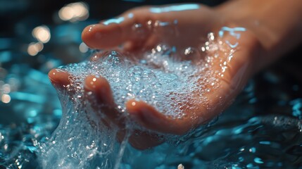 Fototapeta premium Hand hygiene concept: thorough washing with water and soap for health and cleanliness