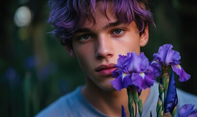 Closeup portrait of a young man with purple-tinted hair, holding purple irises © TheoTheWizard