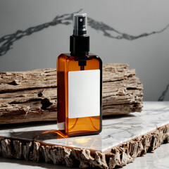 Dispenser spray mockup with white blank label on marble podium and driftwood. Advertising of natural cosmetics. 3d illustration