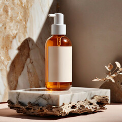 3D dispenser pump bottle mockup with blank labels without company names, without logos for branding on marble podium