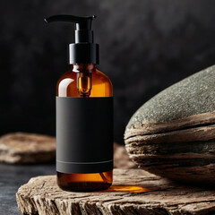 3D dispenser pump bottle mockup with blank labels without company names, without logos for branding with stone and driftwood. 3d illustration