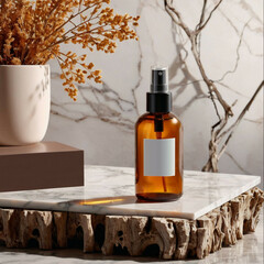 3D Amber Spray Mockup on a marble. Promotion of natural cosmetics.