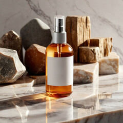 3D dispenser pump bottle for advertising of natural cosmetics on marble podium. 3d illustration