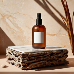 Dispenser pump bottle mockup with blank labels without company names, without logos for branding on marble podium and driftwood