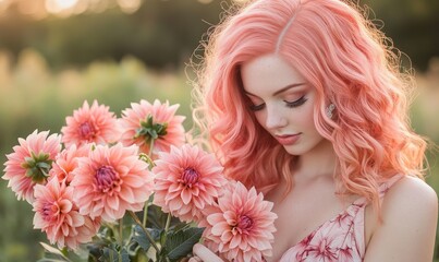 Naklejka premium Charming woman with light coral-pink hair, silver stud earrings, holding coral-colored dahlias