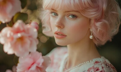 Naklejka premium Charming woman with pale pink hair, pearl earrings, carrying pink camellias