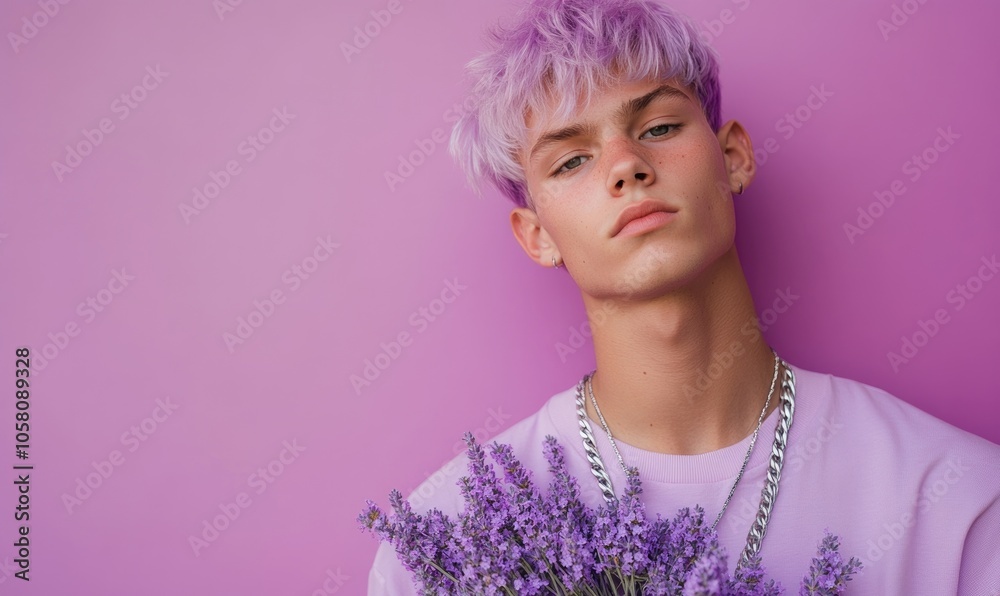 Wall mural Closeup portrait of a young man with lavender hair, silver chain necklace, holding matching lavender flowers