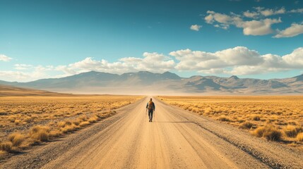 Fototapeta premium Lone hiker journeying through vast desert landscape towards distant horizon