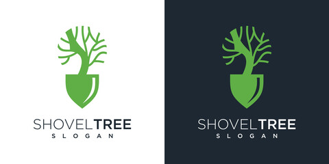 illustration of logo design of shovel tree. gardening logo concept shovel and nature tree © sang