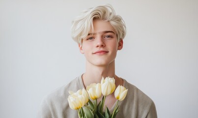 Closeup portrait of a young man with platinum blonde hair, holding pale yellow tulips with a gentle smile
