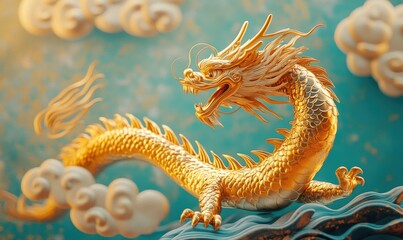 Chinese dragon in shades of gold and copper on a teal background with cloud motifs in muted silver