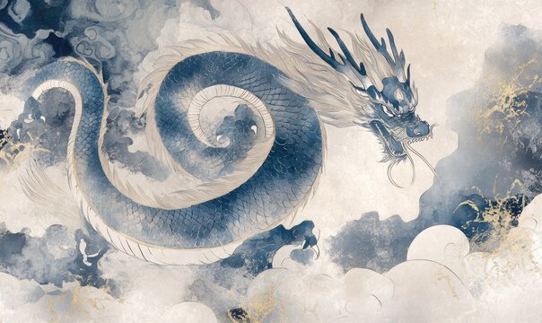 Chinese dragon in hues of sapphire blue and silver, set against a light grey background, cloud motifs in subtle white